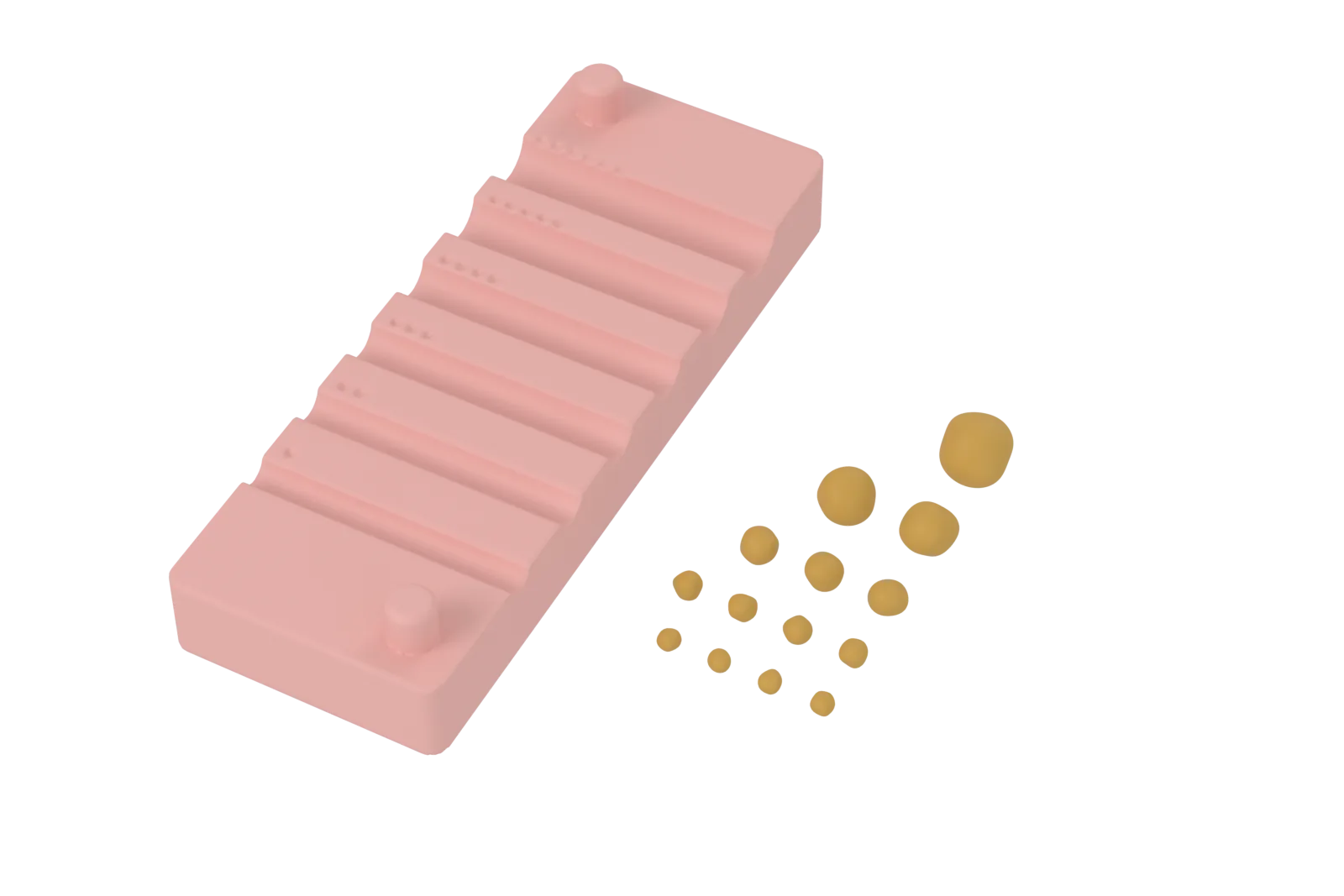 Render of the open fit gauge, a block with six grooves marked with one to six dots, beside the 14 amber stones.